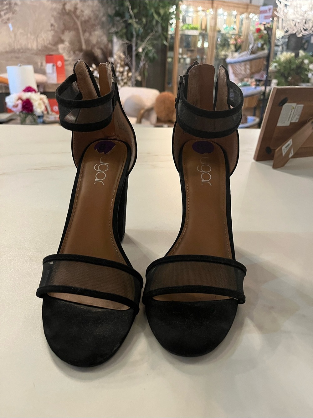 Black Mesh & Suede Ankle-Strap Block Heels